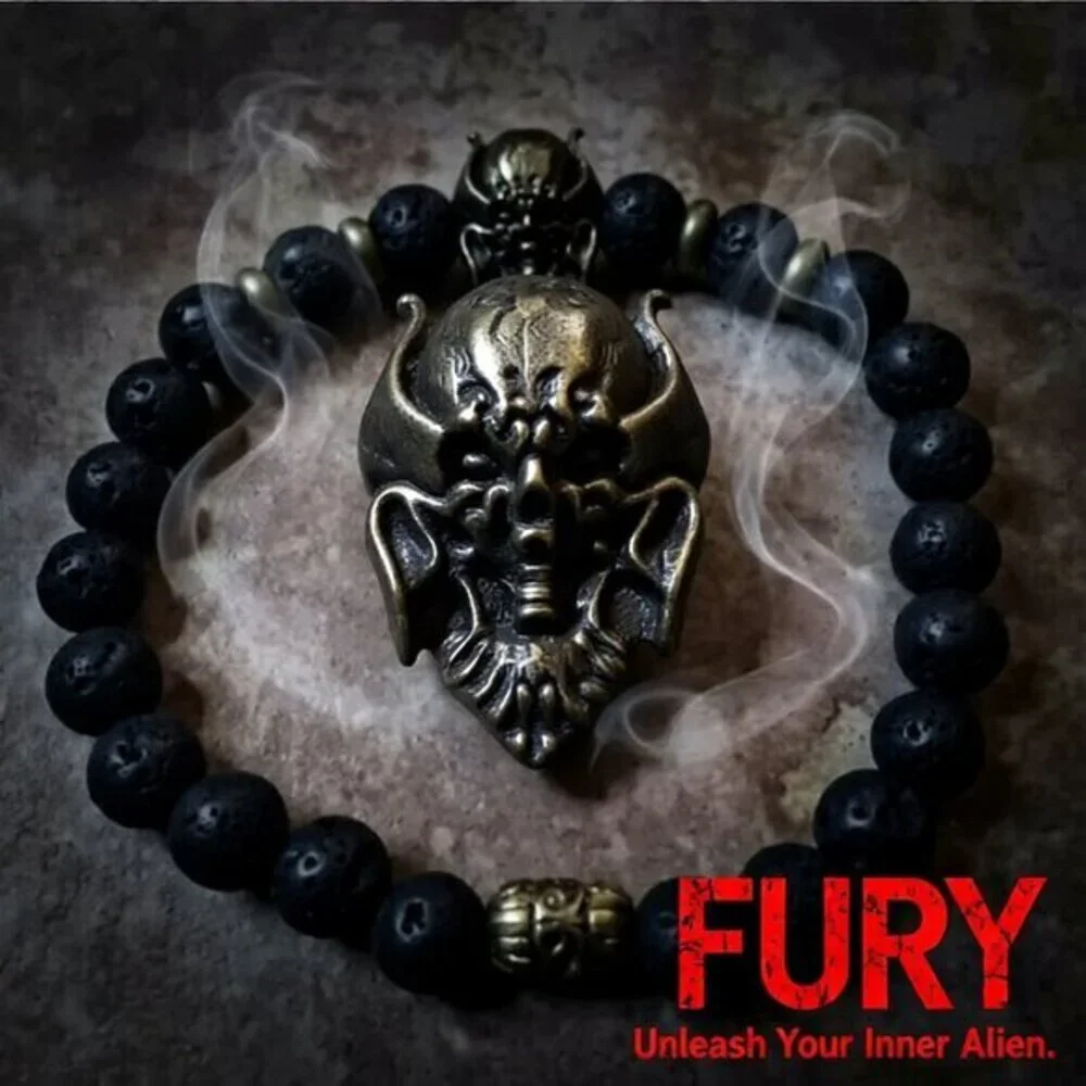 Alien Warrior Skull + Lava Rock Beads! Rugged Men's Bracelet! Biker Rocker Punk